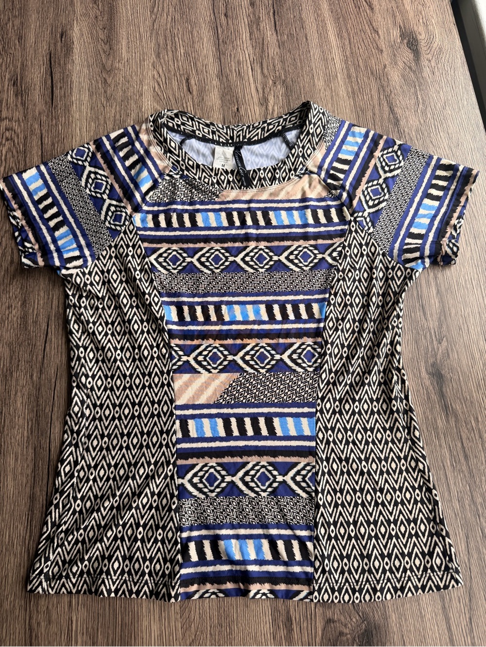 Kenneth Cole Short-Sleeve Geometric Stripe Top in Blue, Black & Cream